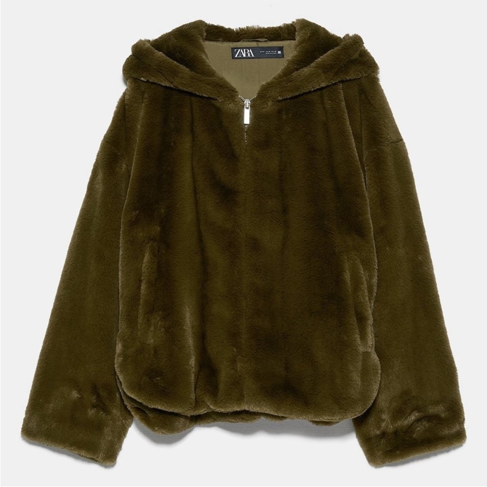 Zara Olive Green / Khaki Zip Up Faux Fur Hoodie with Pockets